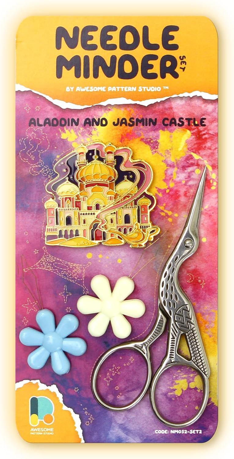 Awesome Pattern Studio Needle Minder Set - Aladdin and Jasmin Castle Magnetic Needle Minder + 2 Needle Threaders + Crane Scissors. Enamel Pin for Cross Stitch, Embroidery and Craft - Image 1